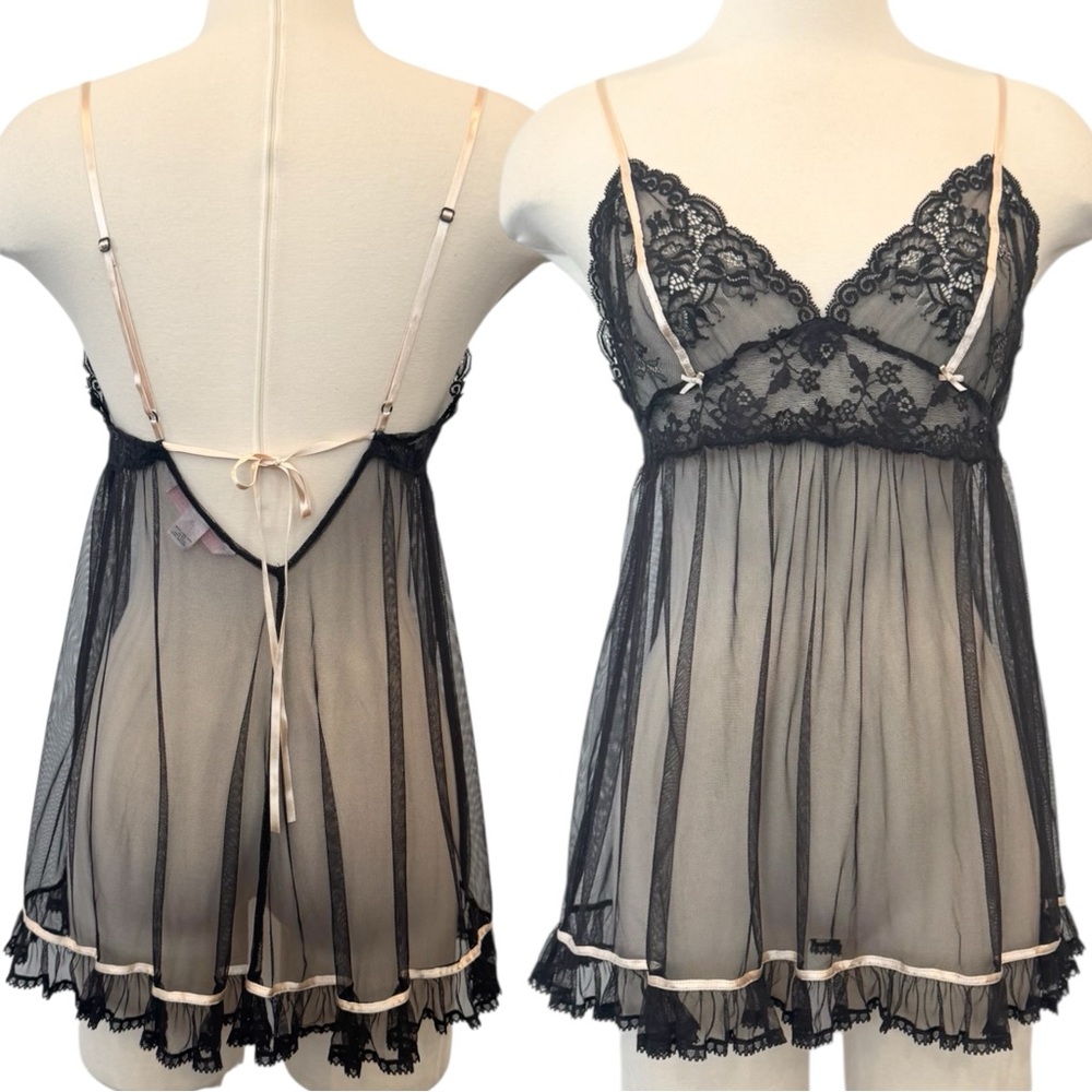 Y2K Victoria’s Secret Black Lace Micro Mesh Gold Vintage Babydoll Slip Dress